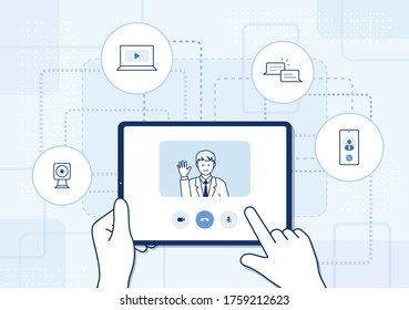 Video call on tablet illustration: hand holding tablet and finger touching screen, business video conferencing, online learning network, social distancing