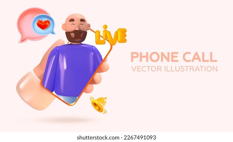 Video call or online broadcast. Mobile call, positive, joyful man on the phone screen. Phone in hand. Vector illustration