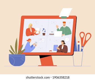 Video call, online business meeting concept. Remote work during quarantine. Vector illustration