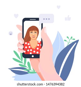 Video call and online chat app concept. Hand holding smartphone with girl on screen. Vector cartoon illustration on white background.