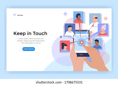 Video call and online conference concept illustration. Hands holding phone with internet communication app. Vector flat design.