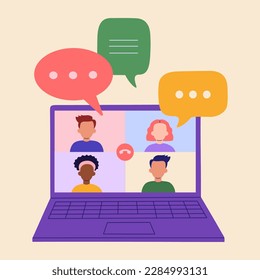 Video call, online conference. People using laptop for virtual communication. Group of colleagues or friends have meeting on computer screen. Hand drawn vector illustration, modern flat cartoon style.