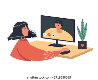 Video call. Online date in the application. Conversation, online communication, social distance. Girl makes a video call on a computer while staying at home. 
