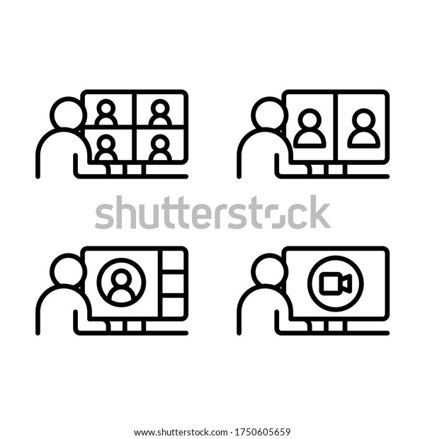 Video call, online video meeting icons set.\
Line vector. Isolate on white\
background.