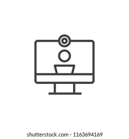 Video Icono de contorno de llamada. Signo de estilo lineal para concepto y Diseño web móvil. Monitor de computadora e ícono de Vector de línea de cámara de Web. Video Símbolo de la conferencia, ilustración del logotipo. Gráficos de Vector