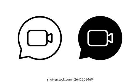 Video call outline icon on speech bubble. Social media camera sign symbol