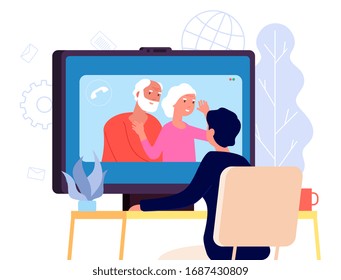 Video call with parents. Online family chat vector concept. Flat parents and son illustration