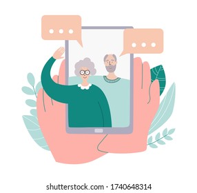 Video call with parents. Person holds a phone in hands and see his family on the screen. Online communication during social distancing and self isolation. People communicating on Internet. 