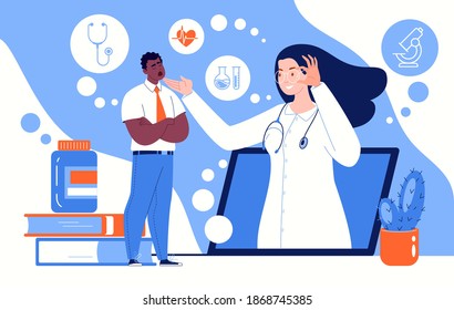 Video Call from the Patient to the Doctor. The Girl, Without Leaving the House, Consults with a Therapist through a Laptop. Online Medical Consultation. Vector Flat Illustration.