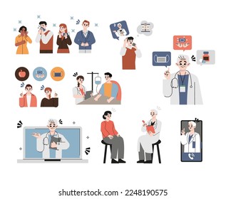 Video call from the patient to the doctor. The girl, man, without Leaving the house, consults with a therapist through a laptop. Online medical consultation. Vector flat Illustration.