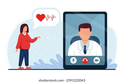 Video call with patient and doctor on tablet screen. Pregnant woman expresses health concerns about heart rate. Remote healthcare, telemedicine and online diagnosis concept. Flat vector illustration.