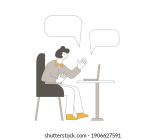 video call. Person Interviewing online. Adult man sitting at laptop and talking about job. Vector flat illustration.