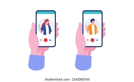 video call with phone, social media connection, communication, hand, technology, flat illustration vector template