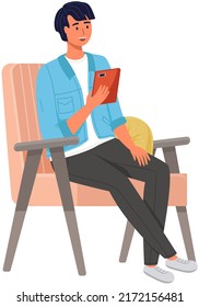 Video call, podcast concept. Man holding tablet pc in hand talking to somebody on screen sitting at home, resting isolated person. Negotiation session during which participants hear and see each other
