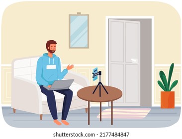 Video call, podcast concept. Man with smartphone talking to somebody on screen sitting at home, resting. Negotiation session, participants hear and see each other, blogger recording video for blog
