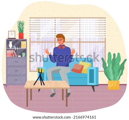 Video call, podcast concept. Man with smartphone talking to somebody on screen sitting at home, resting. Negotiation session, participants hear and see each other, blogger recording video for blog