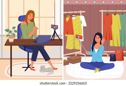 Video call, podcast set concept. People with smartphone talking to friend on screen at online meeting. Negotiation session, blogger recording video for blog, communicate with subscribers online