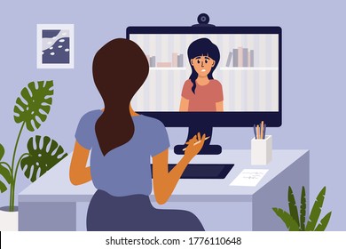 Video Call With Psychologist Through Computer By Web Cam. Psychotherapy Online From Home. Sad Girl Talking To Female Doctor. Psychology Internet Session, Health Care, Mental Issue Vector Illustration