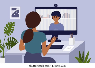 Video Call With Psychologist Through Computer By Web Cam. Psychotherapy Online From Home. Sad Man Talking To Female Doctor. Psychology Internet Session, Health Care, Mental Issue Vector Illustration