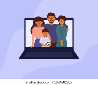 Video call with relatives or friends. Online conference, virtual talk group of people. Big family looking out from screen laptop. Mother, father, daughter and son stand together. Vector illustration