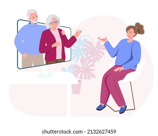 Video call with relatives. A woman is talking to his parents, friends, brothers and sisters on a computer webcam. Online conference, virtual meeting.Stay at home, social distancing.Vector illustration