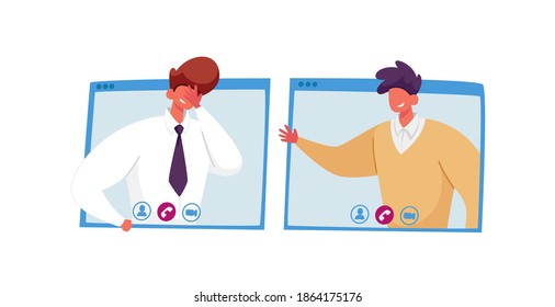 Video Call with Remote Colleague, Online Meeting. Workers Chatting using Webcam, Conference with Coworker via Computer. Business Characters, Office Employees Speak. Cartoon People Vector Illustration