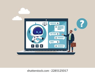 Video call with robot online. Online legal advice. Artificial intelligence technology. Modern vector illustration in flat style
