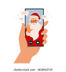 Video call Santa Claus, chatting online by mobile app. Stay at home, work, communication remotely. Hand holding smartphone. Santa calling on device screen. Internet messenger vector illustration.