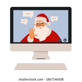 Video call Santa Claus, chatting online by mobile app. Stay at home, work, communication remotely. Hand holding smartphone. Santa calling on device screen. Internet messenger vector illustration.