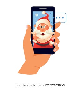 Video call Santa Claus, chatting online by mobile app. Stay at home, work, communication remotely. Hand holding smartphone. Santa calling on device screen. Internet messenger vector illustration.