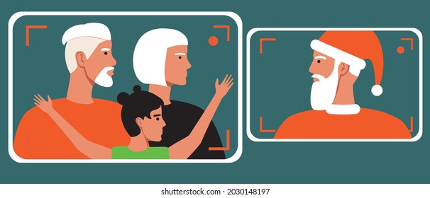 Video call with santo claus, christmas online. Flat vector stock illustration. Child by grandparents. Santa's Christmas gifts. Social distance online. Internet broadcast. Christmas illustration