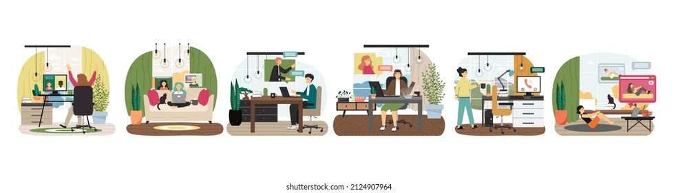 Video call scene set, flat vector isolated illustration. Online communication. Video chat app.