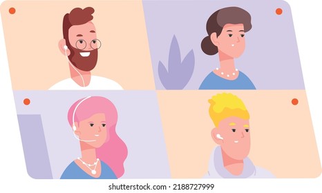 Video call screen with different people. Online meeting isolated on white background