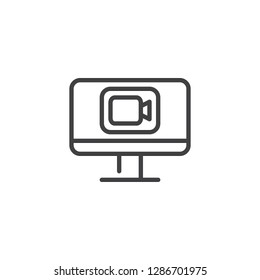 Video call screen line icon. linear style sign for mobile concept and web design. Pc monitor with camera outline vector icon. Symbol, logo illustration. Pixel perfect vector graphics