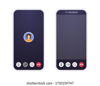 Video call screen, mobile app with blank  display for video, user avatar, mic and text chat icons. UI conference mockup for home office and online learning on quarantine. Smartphone screen template.