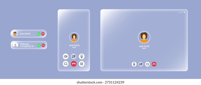 Video Pantalla de llamada y empuje de audio móvil con marco de vidrio líquido. Tablero de luz blanca con interfaz de llamada para Web y teléfono móvil. Video Iconos de sonido, micrófono y mensajes y avatar. Maqueta del App Messenger.