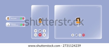 Video call screen and mobile audio push with liquid glass frame. White light board with call interface for web and mobile phone. Sound, mic, video and message icons and avatar. Messenger app mockup.