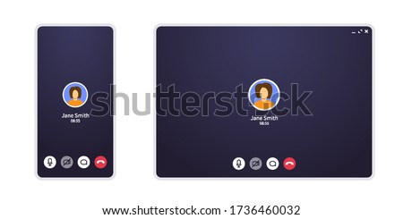 Video call screen on mobile phone and web. Conference chat application ui with mic and video icon and blank place for your picture. Interface zoom mockup for home office and online learning.