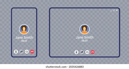 Video call screen on smartphone and tablet isolated on transparent. Active call interface with mic icon, chat, phone and woman avatar, abstract video chat mockup for home office and conference.