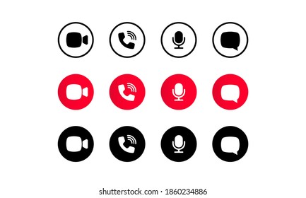 Video call screen template. Video cal icons set. Buttons for social media app. Communication via internet concept. Sound, microphone, call, chat, camera. Vector illustration