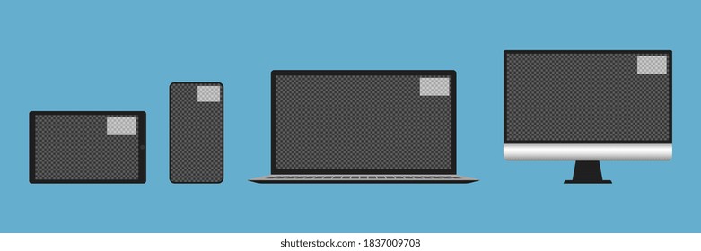 Video call screen template on the screen of a realistic laptop, tablet, smartphone.