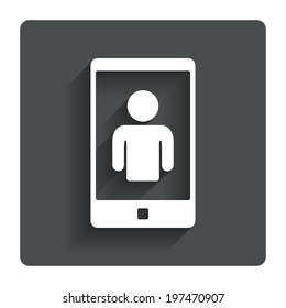 Video call sign icon. Smartphone symbol. Gray flat button with shadow. Modern UI website navigation. Vector