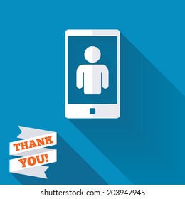 Video call sign icon. Smartphone symbol. White flat icon with long shadow. Paper ribbon label with Thank you text. Vector