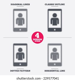 Video call sign icon. Smartphone symbol. Diagonal and horizontal lines, classic outline, dotted texture. Pattern design icons.  Vector