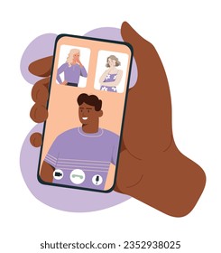 Video call at smartphone concept. Hand holds mobile phone with picture of young guy on screen. Remote interaction and communication. Social media chatting. Cartoon flat vector illustration