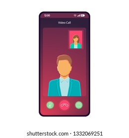 Video call smartphone interface vector template. Mobile app page purple gradient design layout. Online video chat, conference screen. Flat UI for application. Mute, decline buttons. Phone display