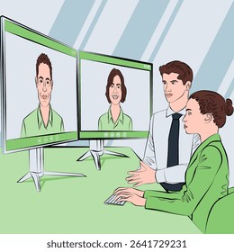 Video call with stakeholders. Business talk, growth strategies, and confidence in every decision. Outline vector illustration.