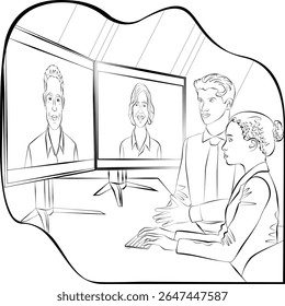 Video call with stakeholders. Business talk, growth strategies, and confidence in every decision. Sketch. Vector illustration.
