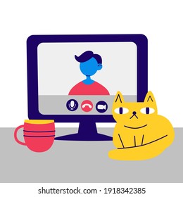 Video call stock vector concept. Computer monitor, person on display, cat, desk. Connection, online conference, internet work, video chat illustration. Cartoon computer and video call app on screen