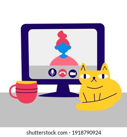 Stockvektorkonzept für Videoanrufe Computerbildschirm, Darstellerin, Katze, Schreibtisch. Verbindung, Online-Konferenz, Internetarbeit, Video-Chat-Illustration. Cartoon-Computer und Video-Call-App auf dem Bildschirm